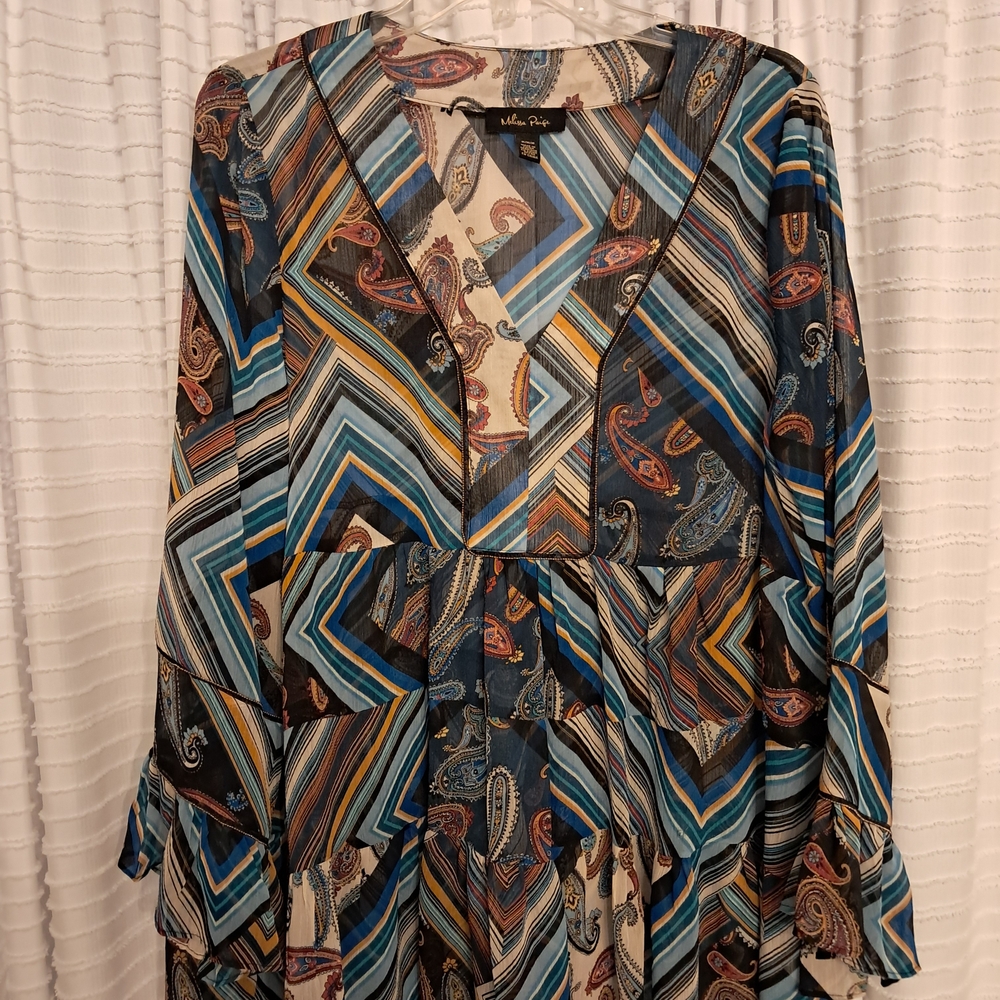 Melissa Paige Blue Teal Paisley & Stripe V-Neck Tunic